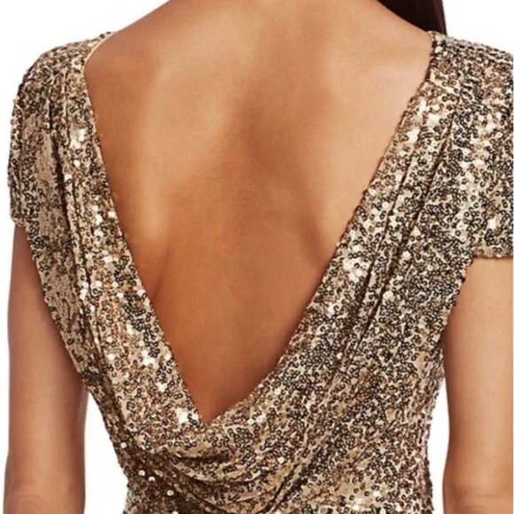 Badgley Mischka,Sequin Cowl Back Gown, rose gold, short sleeves, concealed zip. - Picture 4 of 15